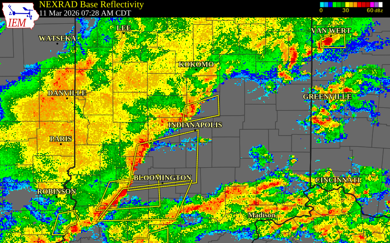 NEXRAD radar during the Wednesday, March 11, 2026 storm activity in Marion County, Indiana