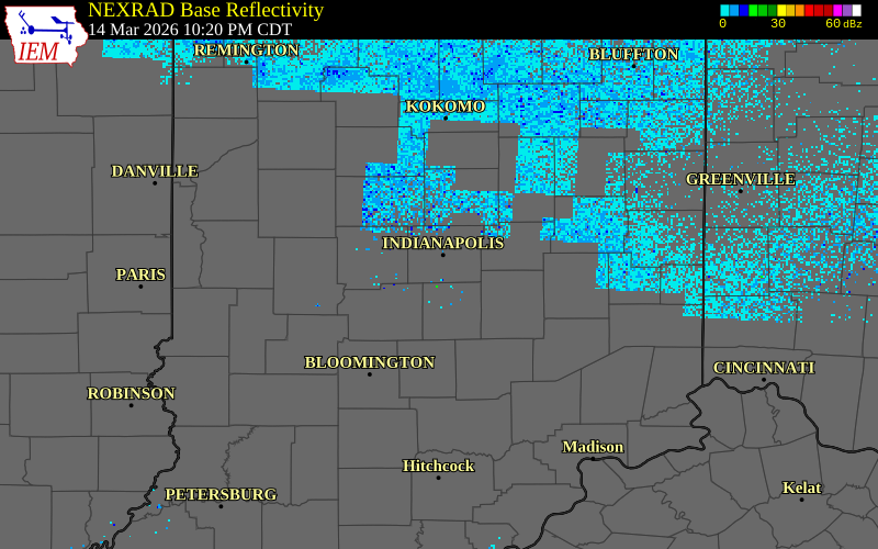 NEXRAD radar during the Saturday, March 14, 2026 storm activity in Marion County, Indiana