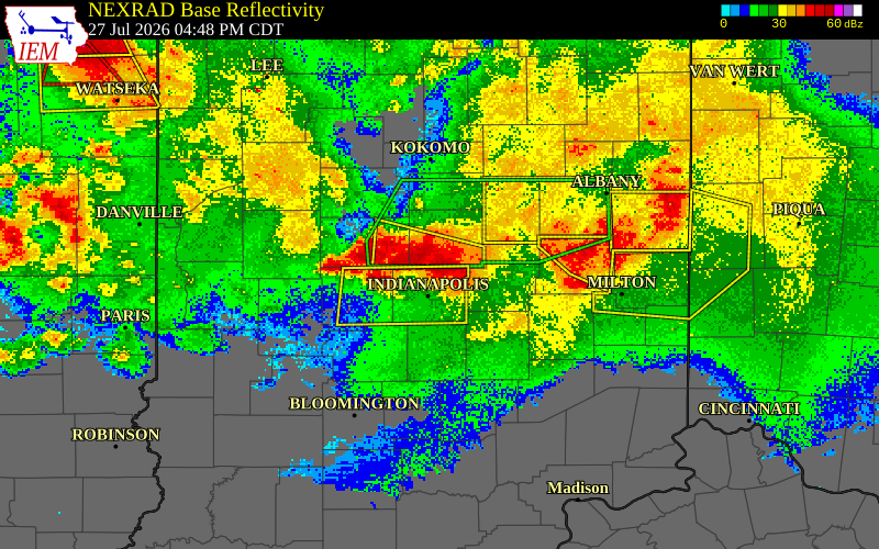 NEXRAD radar during the Monday, July 27, 2026 storm activity in Marion County, Indiana