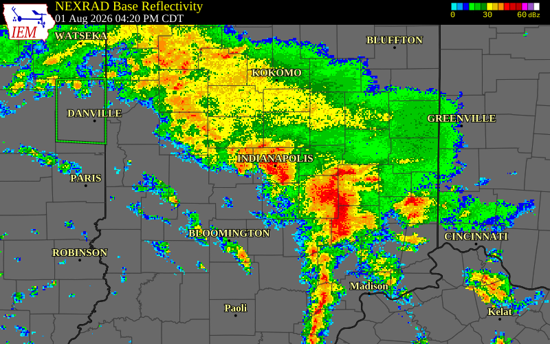 NEXRAD radar during the Saturday, August 1, 2026 storm activity in Marion County, Indiana