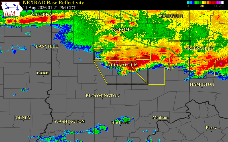NEXRAD radar during the Tuesday, August 11, 2026 storm activity in Marion County, Indiana