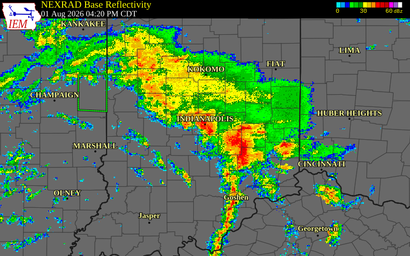 Radar snapshot during the Aug 1, 2026 tornado event near 3 S Monument Circle, Marion County, Indiana, with NWS warning polygons
