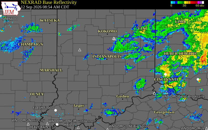 Current NEXRAD radar over Marion County, Indiana with recent storm report locations