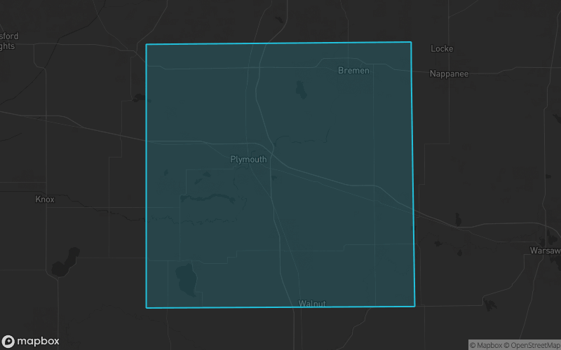 Map of Marshall County, Indiana showing the county boundary and surrounding cities