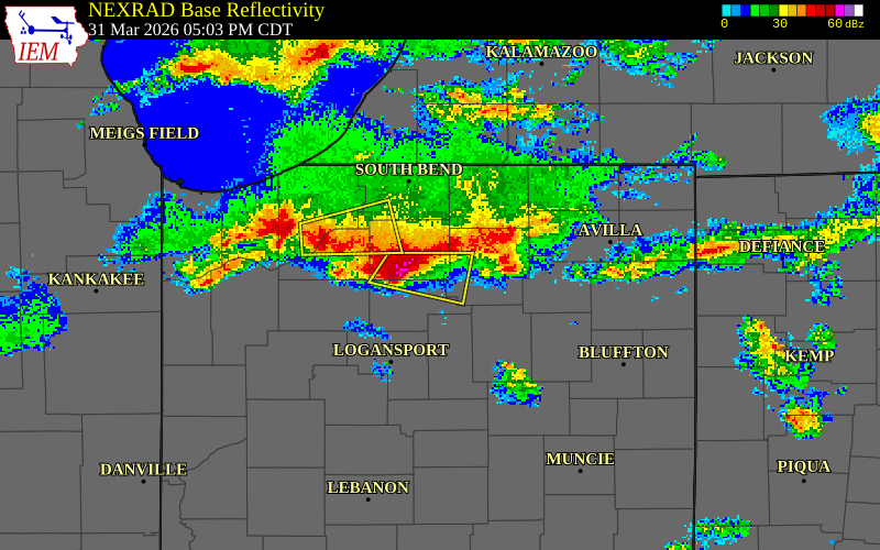 NEXRAD radar during the Tuesday, March 31, 2026 storm activity in Marshall County, Indiana