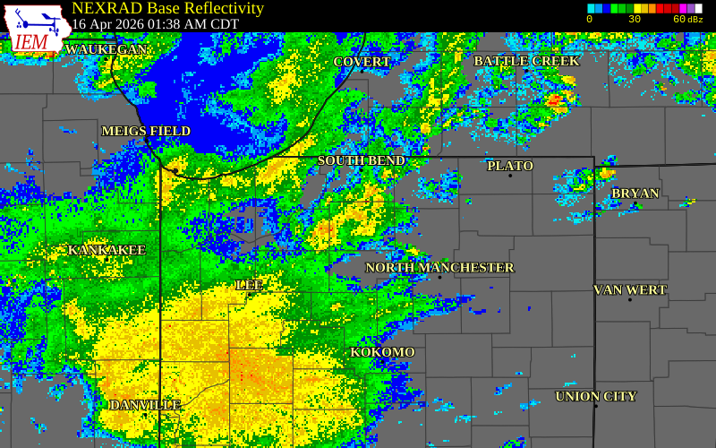 NEXRAD radar during the Thursday, April 16, 2026 storm activity in Marshall County, Indiana