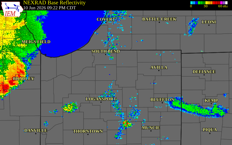 NEXRAD radar during the Wednesday, June 10, 2026 storm activity in Marshall County, Indiana
