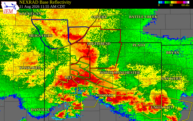 NEXRAD radar during the Tuesday, August 11, 2026 storm activity in Marshall County, Indiana