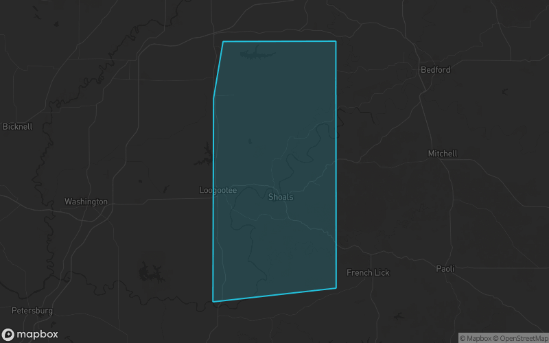 Map of Martin County, Indiana showing the county boundary and surrounding cities