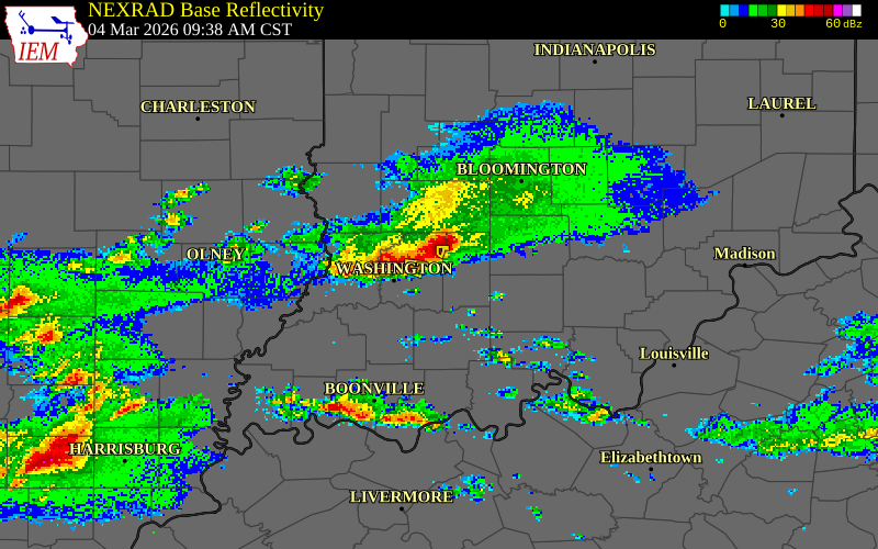 NEXRAD radar during the Wednesday, March 4, 2026 storm activity in Martin County, Indiana