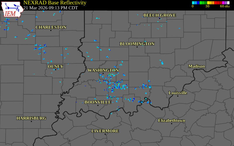 NEXRAD radar during the Saturday, March 21, 2026 storm activity in Martin County, Indiana