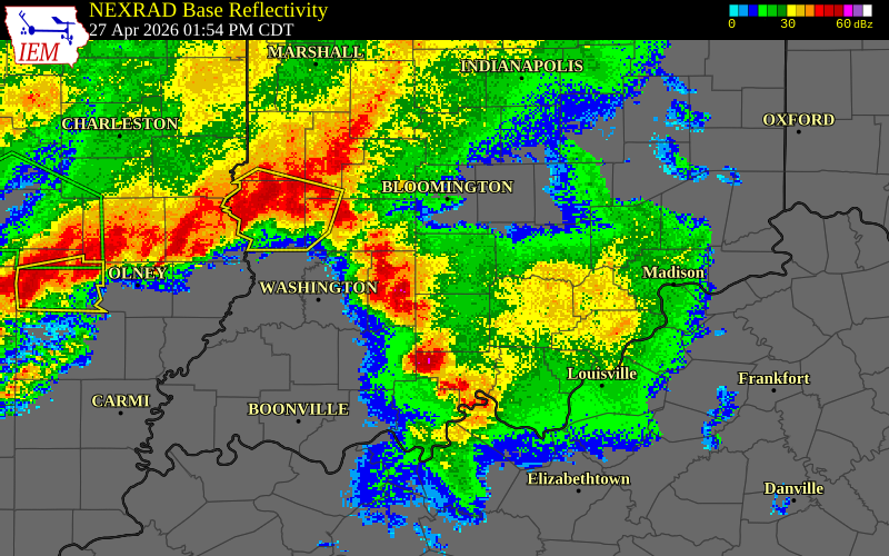 NEXRAD radar during the Monday, April 27, 2026 storm activity in Martin County, Indiana