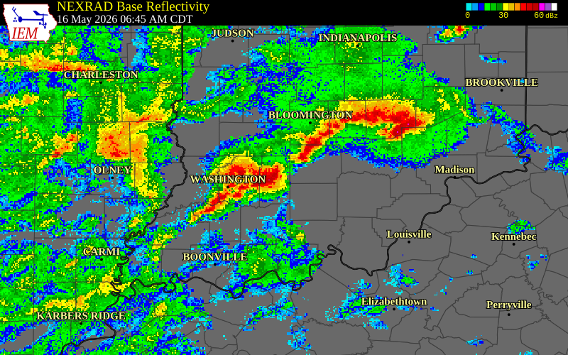 NEXRAD radar during the Saturday, May 16, 2026 storm activity in Martin County, Indiana