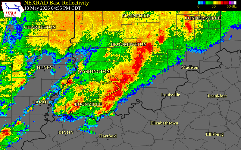NEXRAD radar during the Monday, May 18, 2026 storm activity in Martin County, Indiana