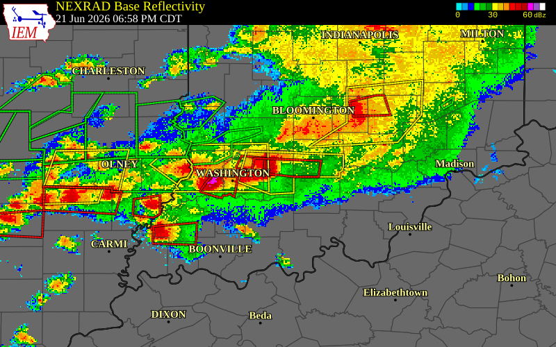 NEXRAD radar during the Sunday, June 21, 2026 storm activity in Martin County, Indiana