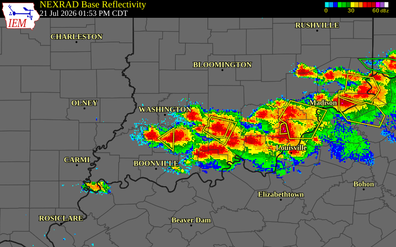 NEXRAD radar during the Tuesday, July 21, 2026 storm activity in Martin County, Indiana