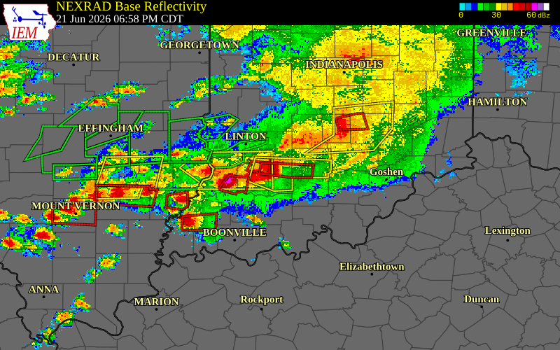 Radar snapshot during the Jun 21, 2026 tornado event near 4 NNW Shoals, Martin County, Indiana, with NWS warning polygons
