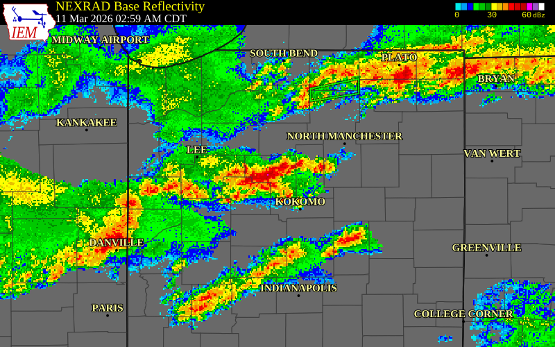 NEXRAD radar during the Wednesday, March 11, 2026 storm activity in Miami County, Indiana
