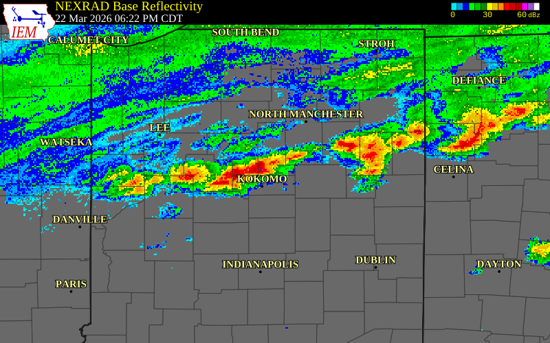 NEXRAD radar during the Sunday, March 22, 2026 storm activity in Miami County, Indiana