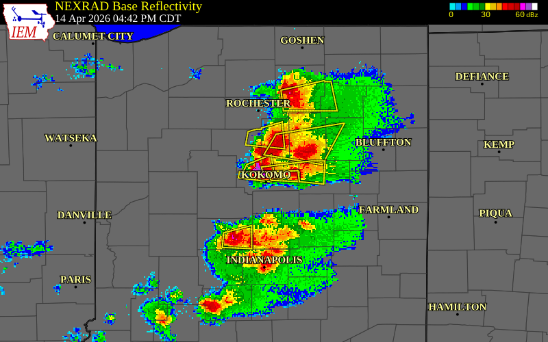 NEXRAD radar during the Tuesday, April 14, 2026 storm activity in Miami County, Indiana