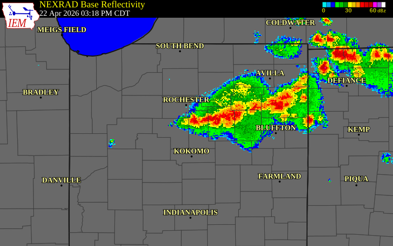 NEXRAD radar during the Wednesday, April 22, 2026 storm activity in Miami County, Indiana