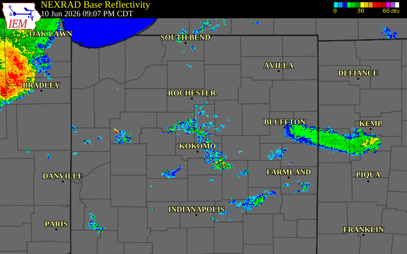 NEXRAD radar during the Wednesday, June 10, 2026 storm activity in Miami County, Indiana