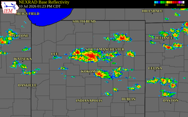 NEXRAD radar during the Friday, July 10, 2026 storm activity in Miami County, Indiana