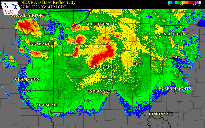 Radar snapshot during the Jul 27, 2026 wind event near 2 S Grissom Afb, Miami County, Indiana, with NWS warning polygons