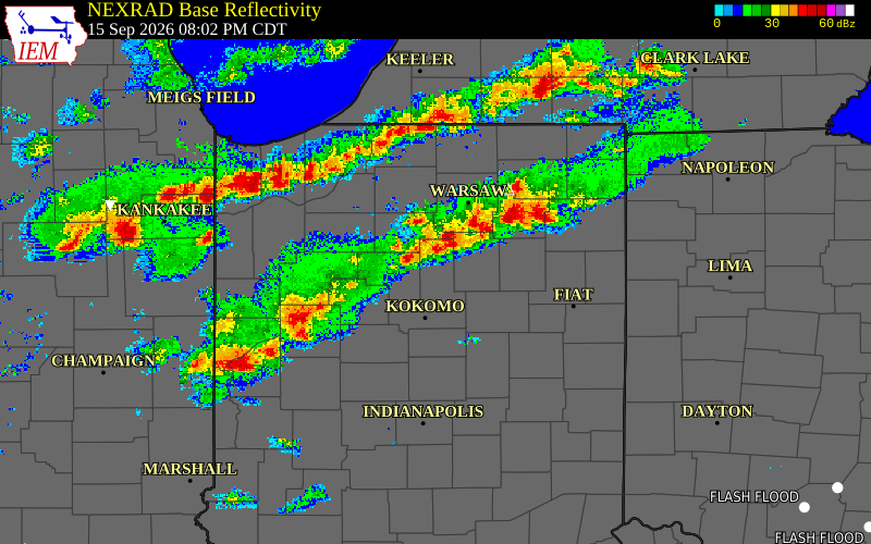 Current NEXRAD radar over Miami County, Indiana with recent storm report locations