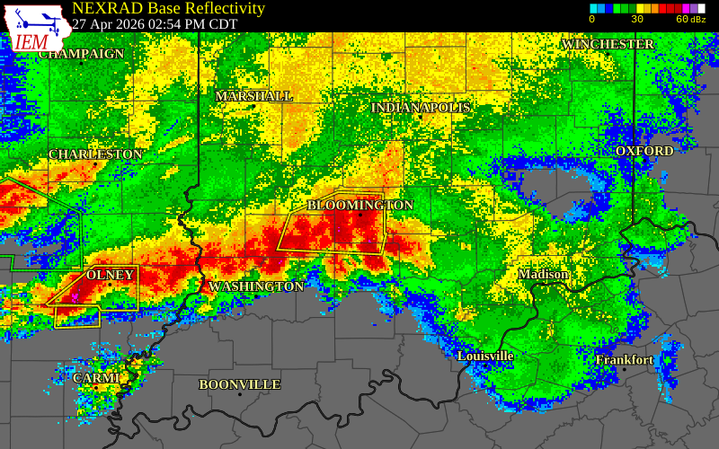 NEXRAD radar during the Monday, April 27, 2026 storm activity in Monroe County, Indiana