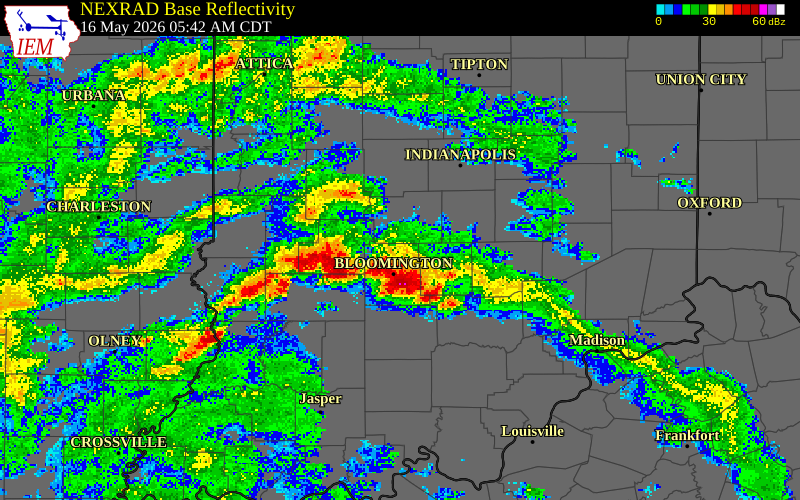 NEXRAD radar during the Saturday, May 16, 2026 storm activity in Monroe County, Indiana