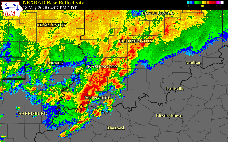 NEXRAD radar during the Monday, May 18, 2026 storm activity in Monroe County, Indiana