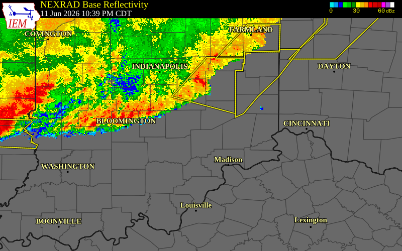 NEXRAD radar during the Thursday, June 11, 2026 storm activity in Monroe County, Indiana