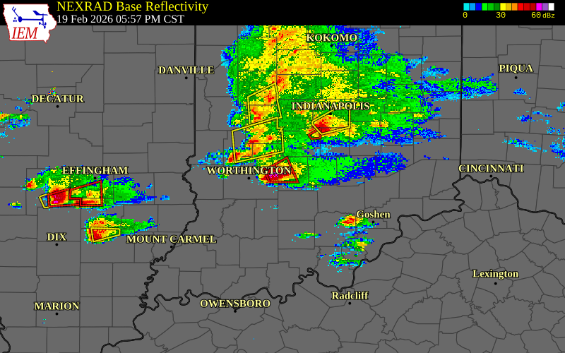 Radar snapshot during the Feb 19, 2026 tornado event near 4 WSW Whitehall, Monroe County, Indiana, with NWS warning polygons