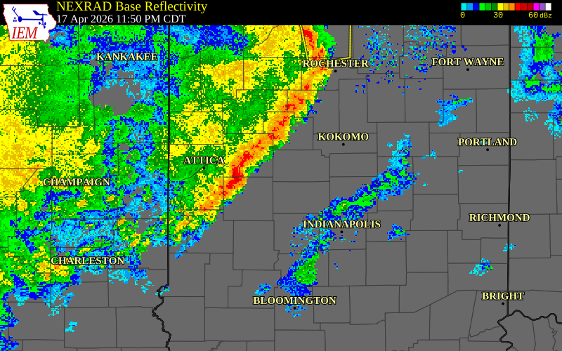 NEXRAD radar during the Saturday, April 18, 2026 storm activity in Montgomery County, Indiana