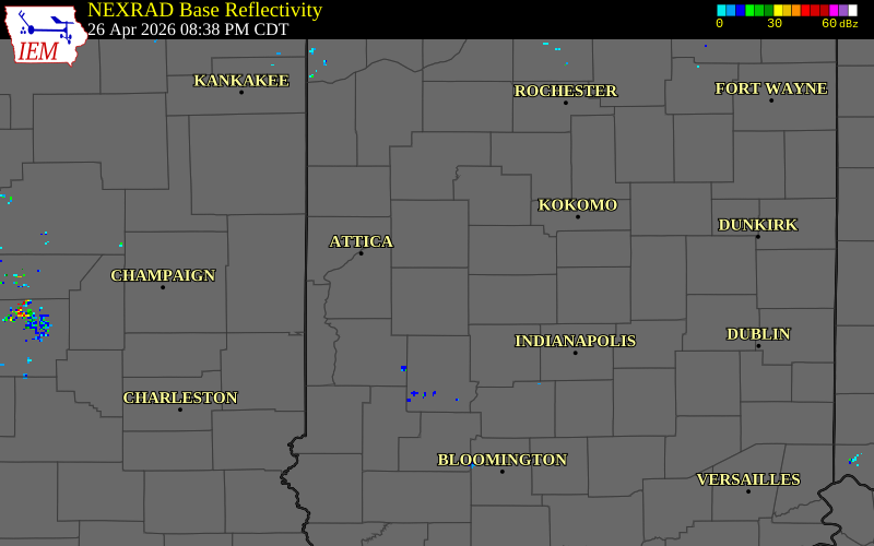 NEXRAD radar during the Sunday, April 26, 2026 storm activity in Montgomery County, Indiana