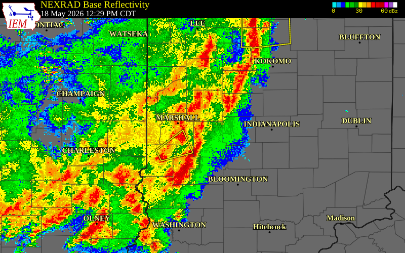 NEXRAD radar during the Monday, May 18, 2026 storm activity in Montgomery County, Indiana