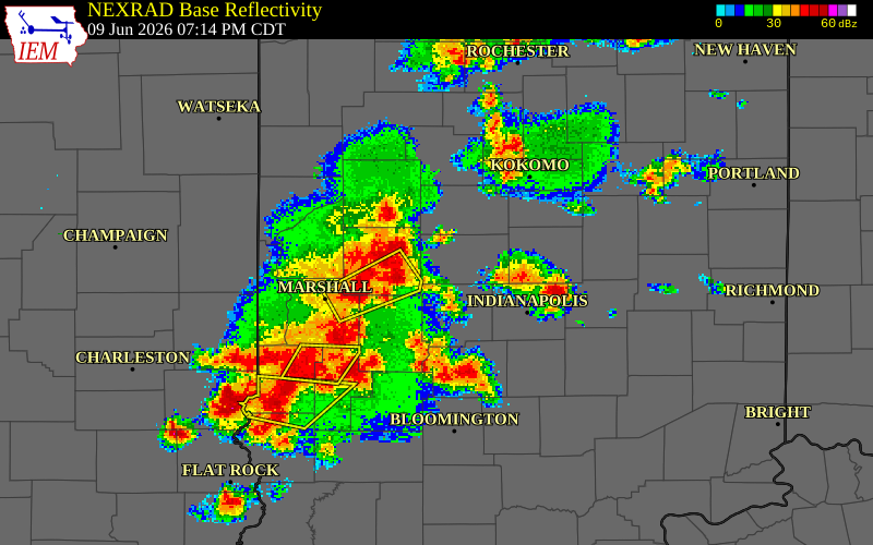 NEXRAD radar during the Tuesday, June 9, 2026 storm activity in Montgomery County, Indiana