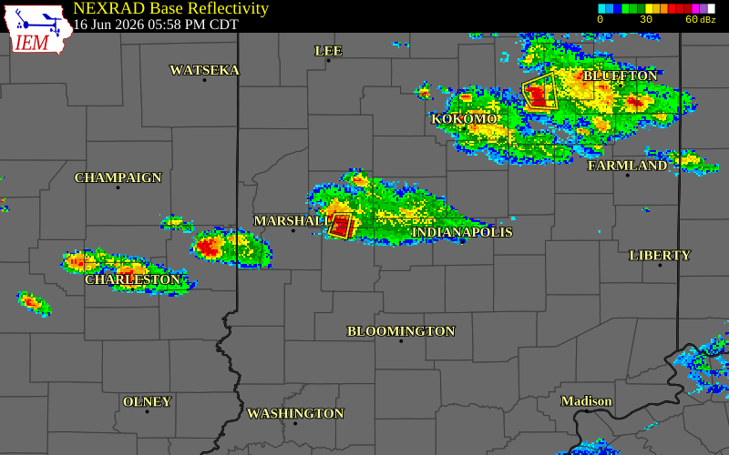 NEXRAD radar during the Tuesday, June 16, 2026 storm activity in Montgomery County, Indiana