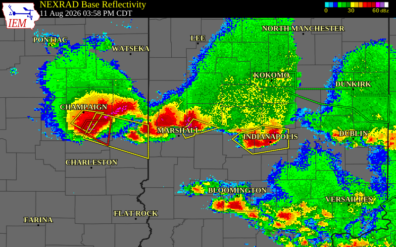 NEXRAD radar during the Tuesday, August 11, 2026 storm activity in Montgomery County, Indiana