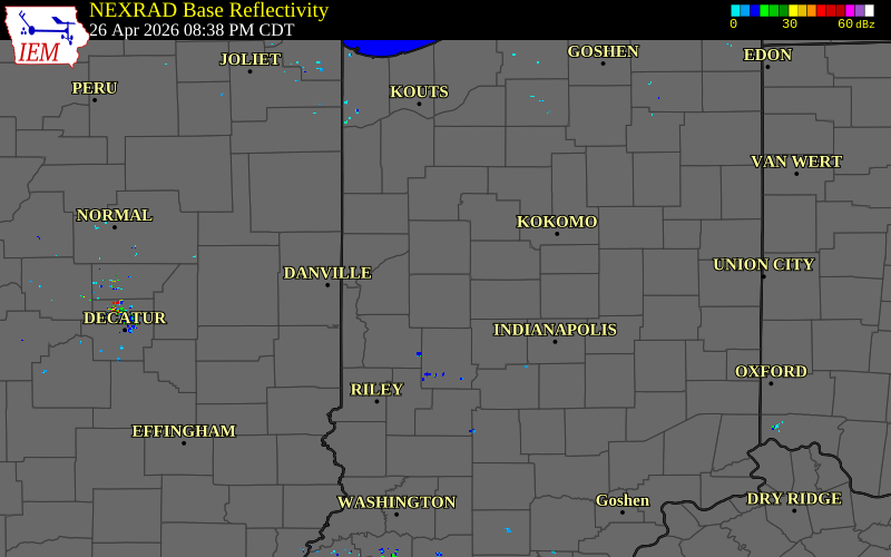 Radar snapshot during the Apr 26, 2026 hail event near 2 E Linden, Montgomery County, Indiana, with NWS warning polygons