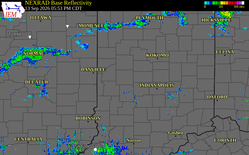 Current NEXRAD radar over Montgomery County, Indiana with recent storm report locations