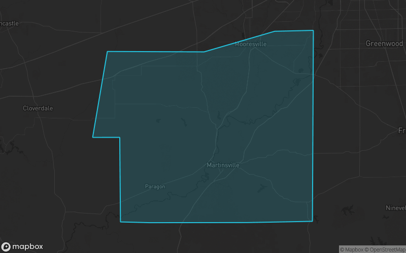 Map of Morgan County, Indiana showing the county boundary and surrounding cities