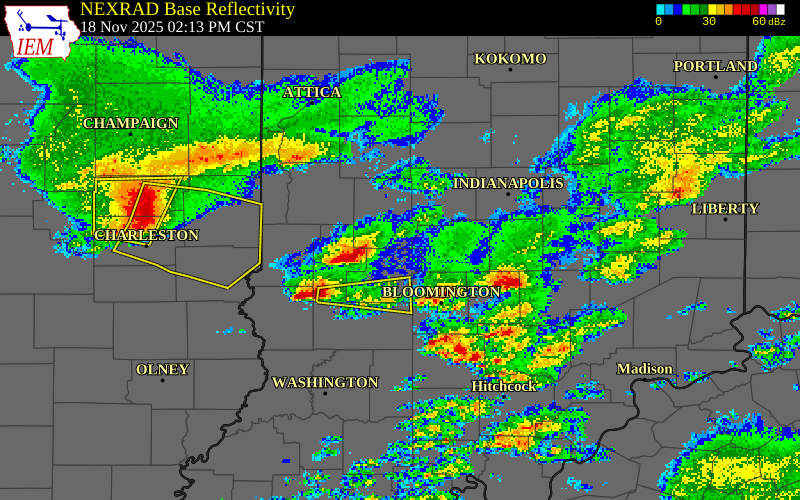 NEXRAD radar during the Tuesday, November 18, 2025 storm activity in Morgan County, Indiana