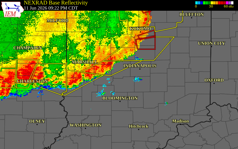 NEXRAD radar during the Thursday, June 11, 2026 storm activity in Morgan County, Indiana