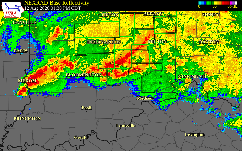 NEXRAD radar during the Wednesday, August 12, 2026 storm activity in Morgan County, Indiana