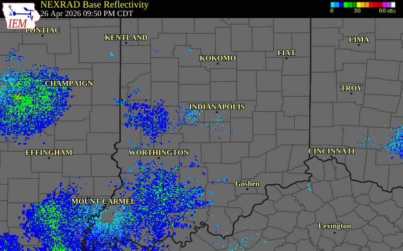 Radar snapshot during the Apr 26, 2026 tornado event near 2 S Mooresville, Morgan County, Indiana, with NWS warning polygons