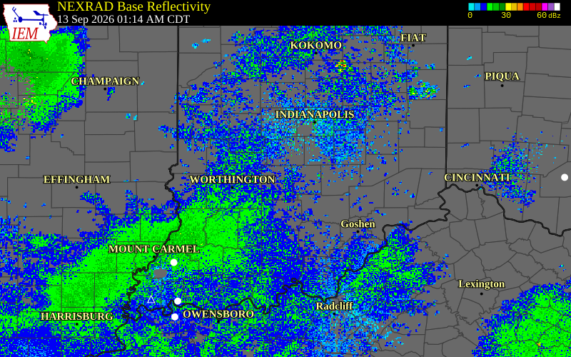 Current NEXRAD radar over Morgan County, Indiana with recent storm report locations