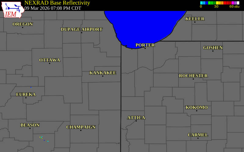 NEXRAD radar during the Monday, March 9, 2026 storm activity in Newton County, Indiana