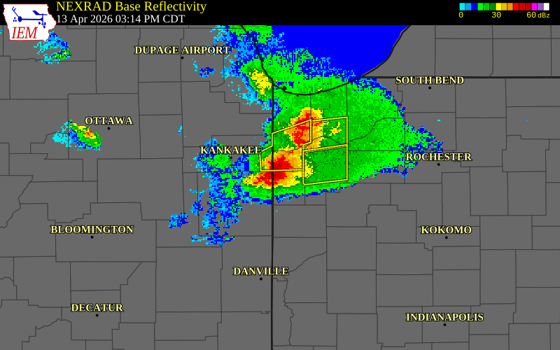 NEXRAD radar during the Monday, April 13, 2026 storm activity in Newton County, Indiana